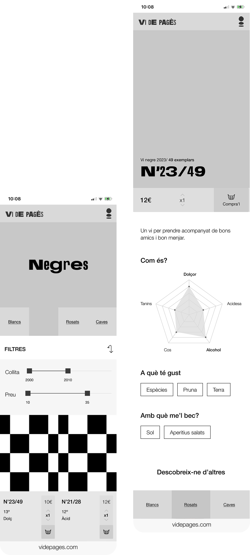 Wireframes de l’app Vi de pagès